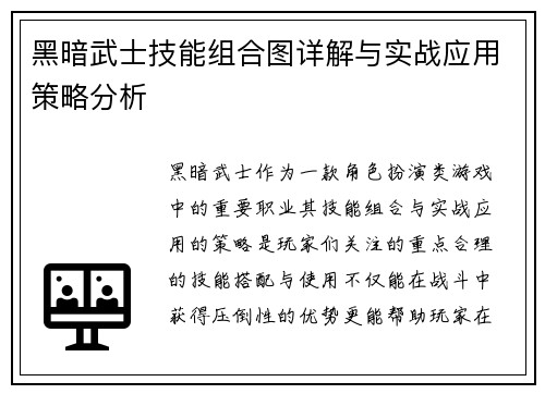 黑暗武士技能组合图详解与实战应用策略分析